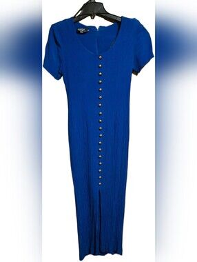 VINTAGE DAWN JOY FASHIONS Blue Dress Buttons Slit Front Back Zipper & Tie 11/12